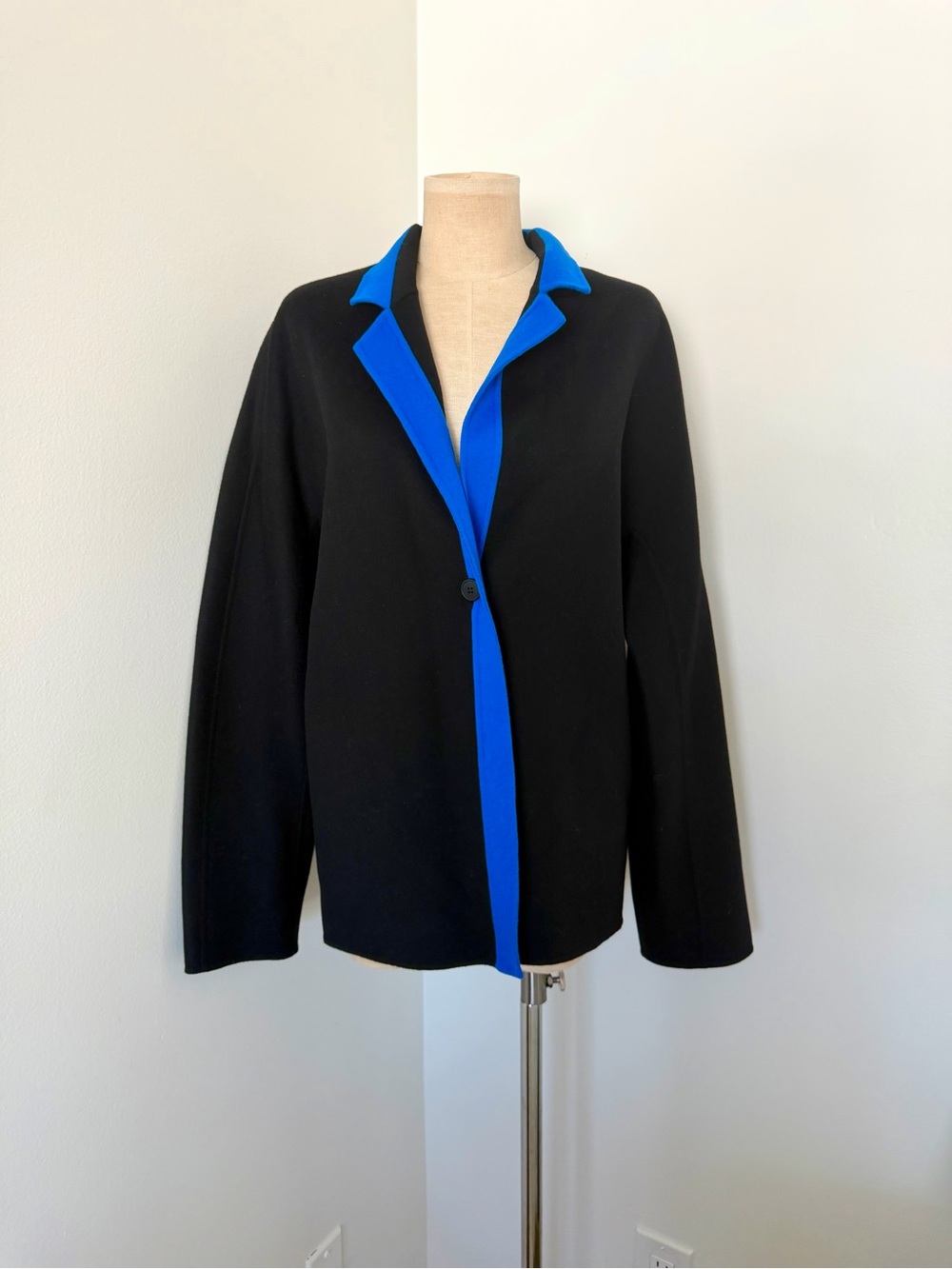 Vintage SHAMASK cashmere wool Women's Black Coat with Bright Blue Trim